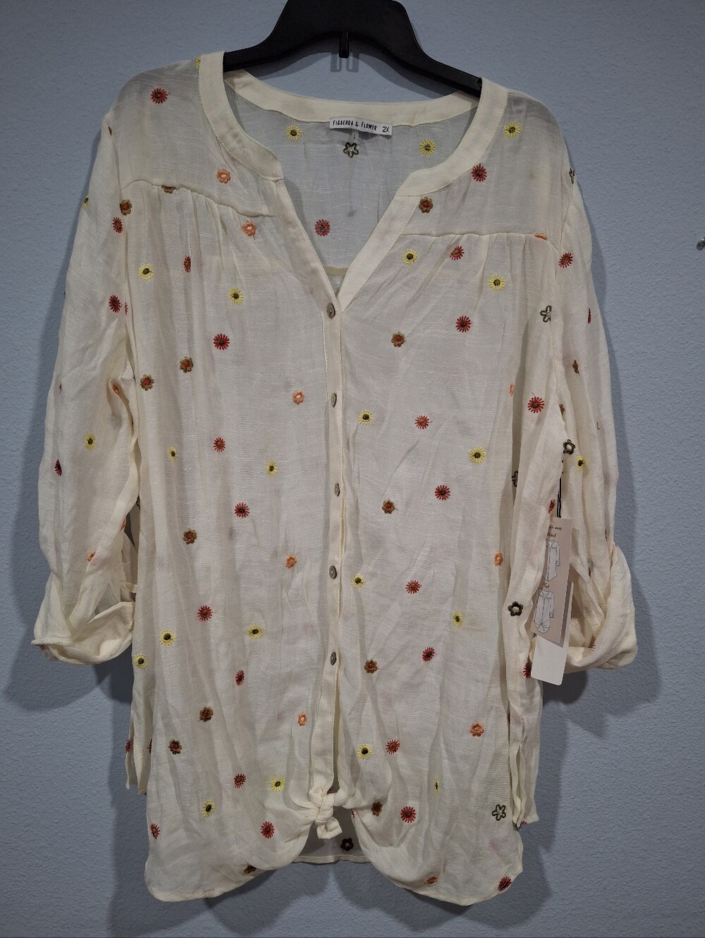 Figueroa Flower Cream Embroidered Floral Button-Front Top - 2X NWT